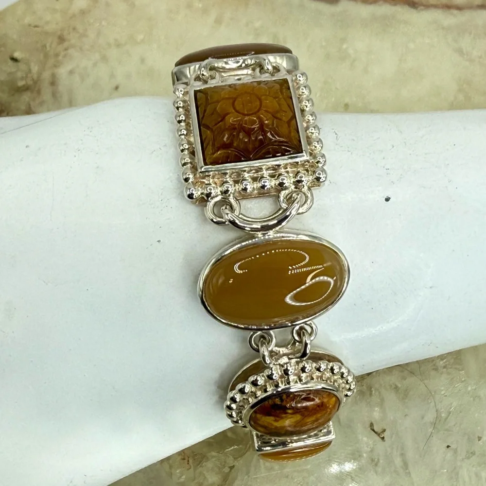 Whitney Kelly Sterling Silver Tiger’s Eye Jasper MOP Link Toggle Bracelet 7” - Picture 10 of 17